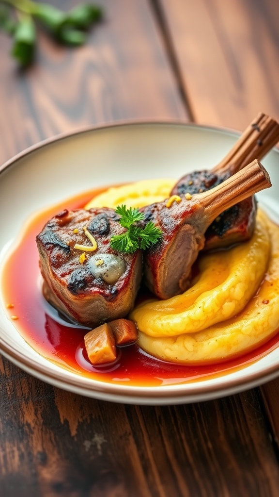 A plate of tender pork osso buco with creamy polenta and garnished with parsley and lemon zest.